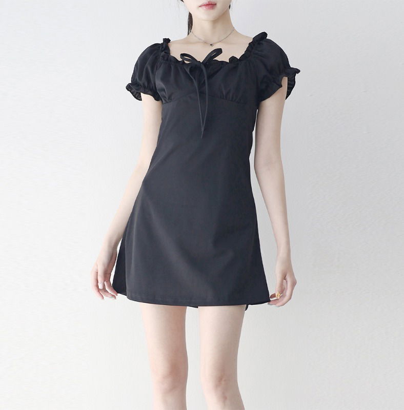 抽褶綁帶泡泡袖迷你短洋裝