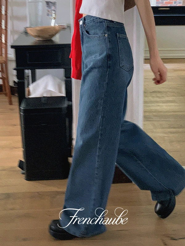 Stand Autumn High Waist Dark Blue Wide Jeans Denim Pants 牛仔裤