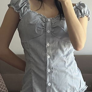 Harper Blue Striped Shirring Blouse