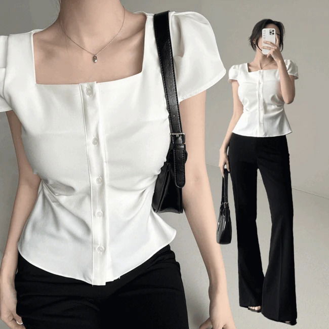 Ganadaran Blanche Square Neck Puff Shirring Spandex Spandex Short Sleeve Blouse (2 Colors)