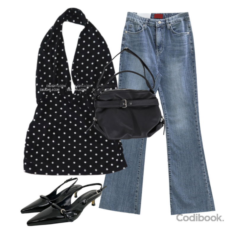 moaround 베닌트 스틸레토 버클 슬링백 키튼힐 -2color,WONLOG 라프 부츠컷 데님,Delight-J 도트 땡땡이 홀터넥 나시 티셔츠등을 매치한 코디
