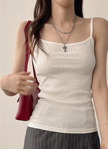 キッチュユニーク ドット柄スクエアネックストラップタンクトップ