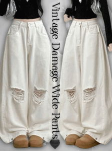 Off-Damage Knee-Ripped Denim Cotton Side Pin Tuck Wide Pants