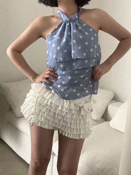 DOT CHIFFON CAN CAN HALTER BLOUSE