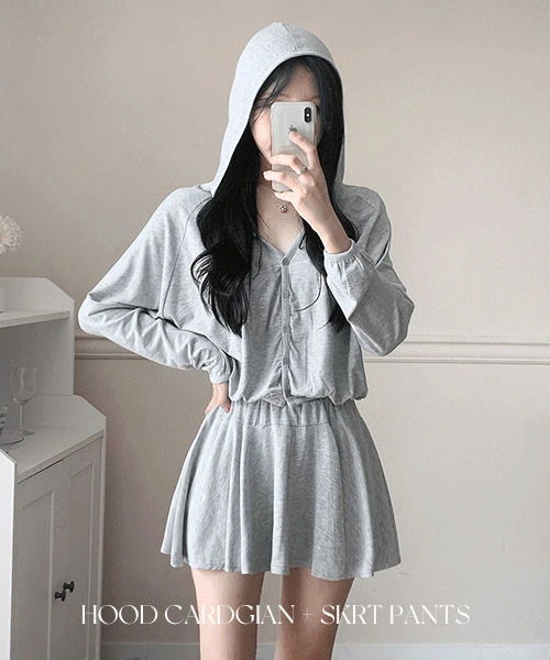 앤디 후드 버튼 가디건 + 스커트팬츠 투피스