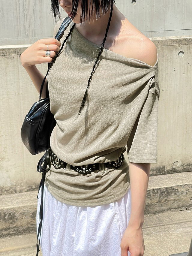 Big size 55-99 Fuzen shirring boat neck off-shoulder linen short sleeve t-shirt 短袖上衣