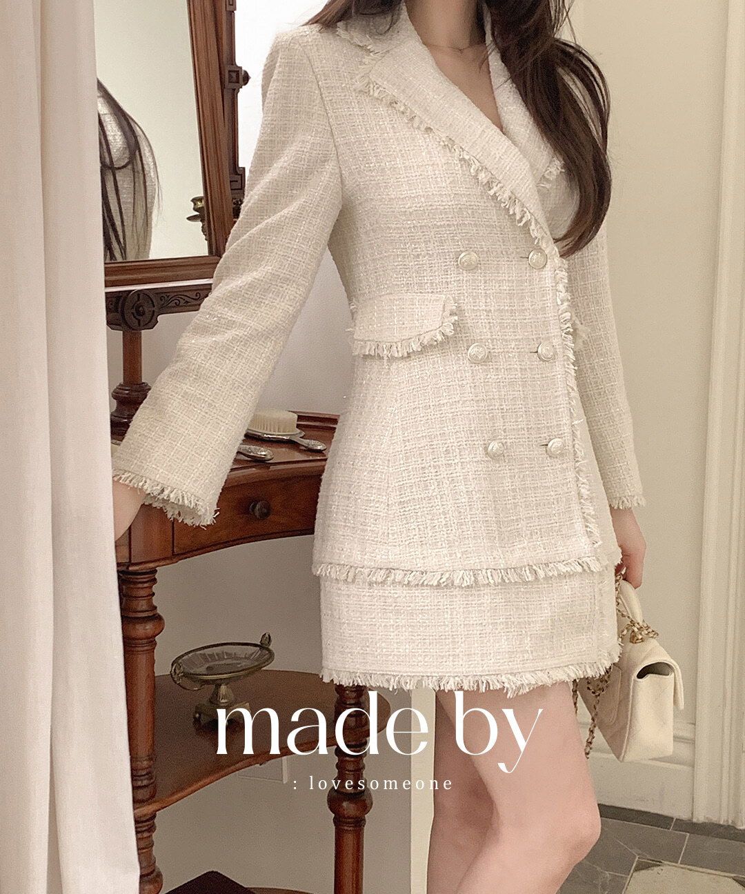 Tweed Fringe Two Way Collar Jacket Mini Dress 短裙