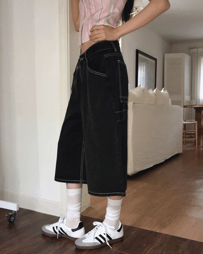 YUKILK CARPENTA STITCH 7-PART BERMUDA DENIM PANTS
