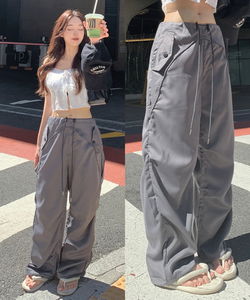 Waist strap pintuck semi-wide pants