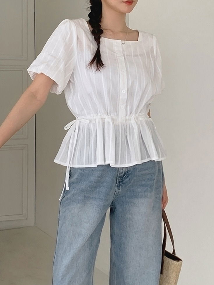 Pkebrin Cotton String Short Sleeve Blouse 衬衫