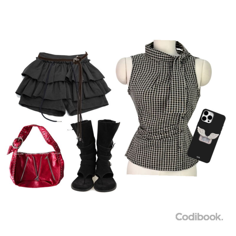binary01 히포 써클벨트,COLOR iN ID 바이커 하프 쪼리 부츠,E-PICK 캉캉 치마바지등을 매치한 코디