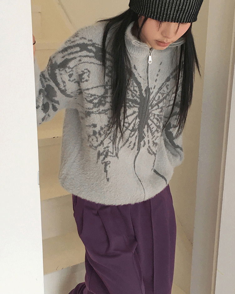 Nopel Vintage Butterfly Angora High Neck Long Sleeve Cardigan Zip Up