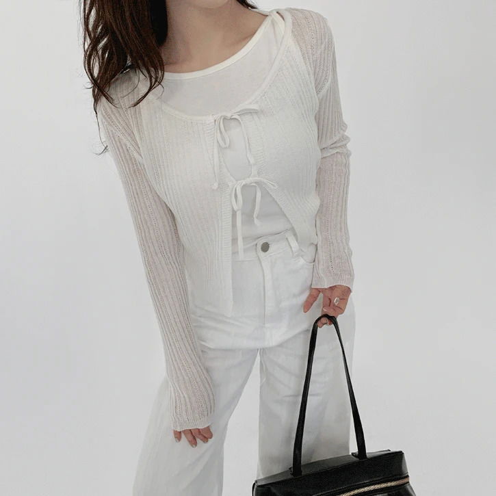 Double Ribbon Linen Round Knitwear Cardigan