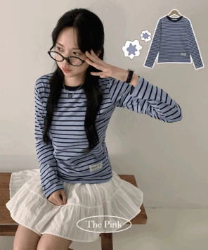 샤미 스트라이프 배색 단가라 긴팔티 (4color)