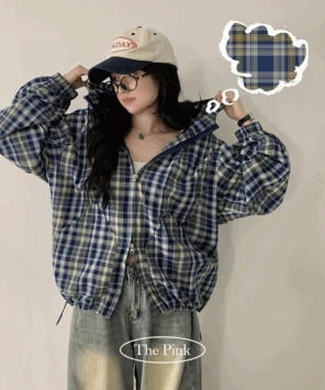 듀모 오버핏 체크 후드 집업 바람막이 자켓 (4color)