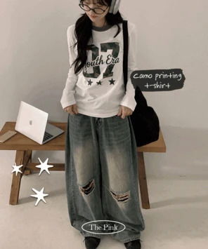 애셔 카모 넘버 프린팅 링거 긴팔티 (3color)