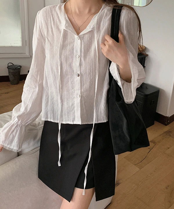 Spinen Lace String Puff Long Sleeve Blouse - 2 Colors 雪紡襯衫