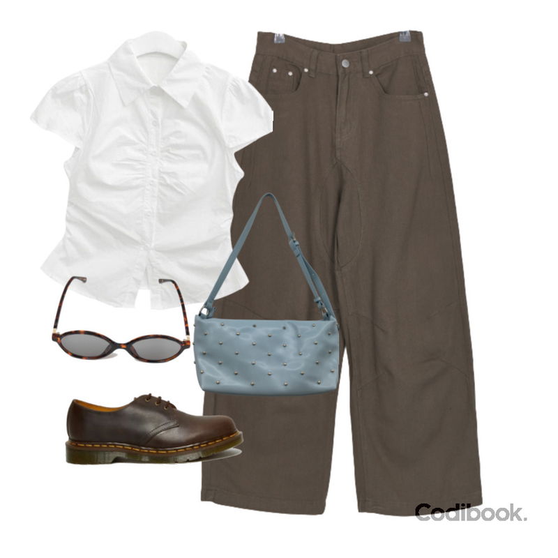 From Beginning(O) 오피스 라운드선글라스 (5color),DUGGY 하디드 스터드 백 (5color) *전 컬러 당일 발송 가능,ccomeng 팬스셔링카라무지스트라이프반팔셔츠남방(4color)등을 매치한 코디