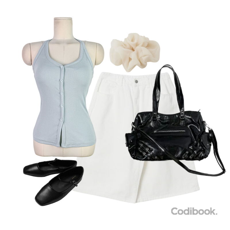 MORENNE 리세앙 쉬폰 스크런치,anyonemore 예아 메리제인 플랫 로퍼 슈즈,binary01 퍼팅 비조 버뮤다팬츠(2TYPE)등을 매치한 코디