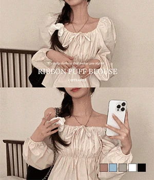 다니 리본 셔링 퍼프 스퀘어넥 블라우스