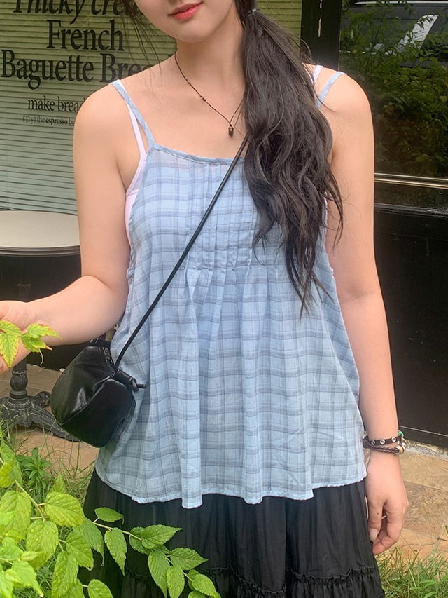 大尺碼格紋壓褶層次綁帶無袖上衣