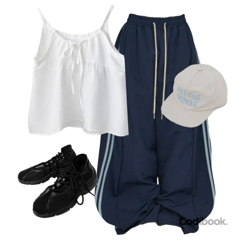 anyonemore 시컨 메쉬 발레 메리제인 스니커즈 슈즈 (2color),EEZEE Nylon Colorblock Track Wide Pants PA033,DAILYJOU 다미티 레터링 자수 캡등을 매치한 코디