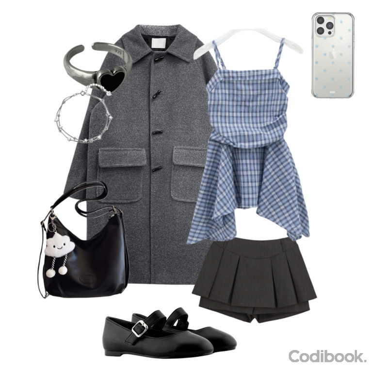 wonderwonder 볼드 블랙 하트 실버 링 반지,FloridaStudio 플로리다스튜디오 노엘고든 라운드토 1cm 메리제인 미드나잇블랙,AAKE WOOL TOGGLE OVER COAT (mocha / gray)등을 매치한 코디