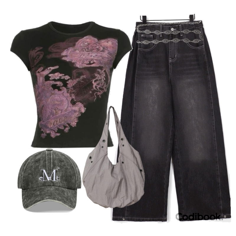 wonderwonder 켐보 보헤미안 메탈 실버 벨트,MUCENT MUCENT SIGNATURE BALL CAP (Stone washing khaki) 무센트 시그니처 볼캡 (스톤 워싱 카키),wonderwonder 틴지 사이드 핀턱 데님 팬츠등을 매치한 코디