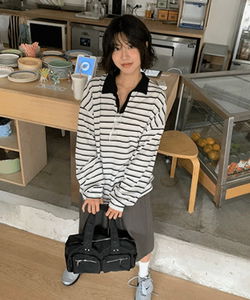 寬鬆條紋立領長袖POLO衫
