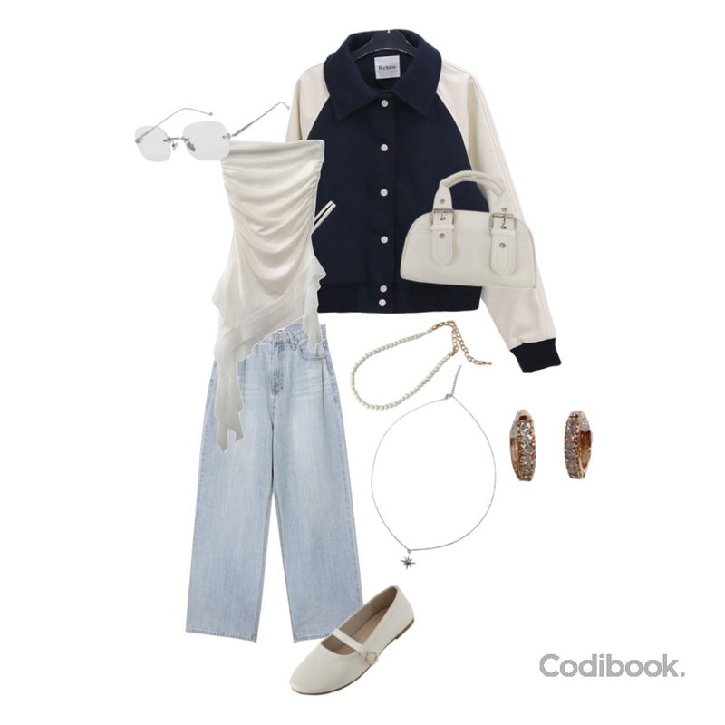 CHAAKAN 라피네 메리제인 라운드 플랫 PLLTR1e013,dangosister 코킹진주팔찌(1c),DAILYJOU 파우스트 배색 스타디움 바시티 자켓등을 매치한 코디