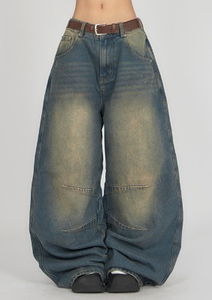 復古黃刷色牛仔長褲DE038