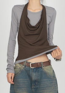 假兩件繞頸層次長袖上衣TS053