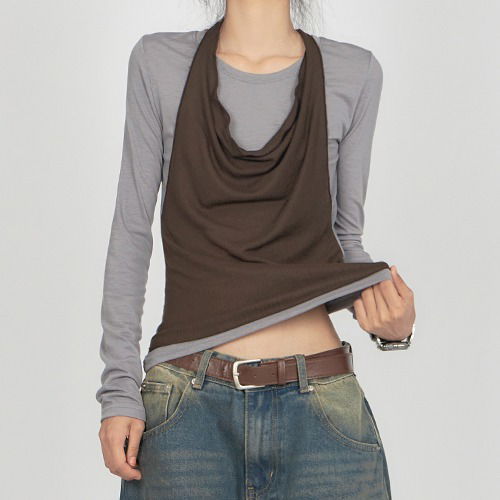 假兩件繞頸層次長袖上衣TS053