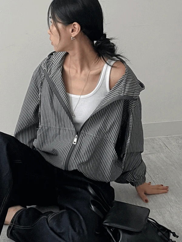 스트라이프 스트링 후드 점퍼 (3C)