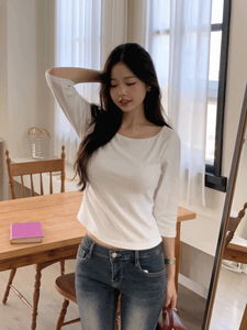 Autumn Boat Neck 7/8 Sleeve Spandex Long Sleeve Rolled T-Shirt (4 Colors)