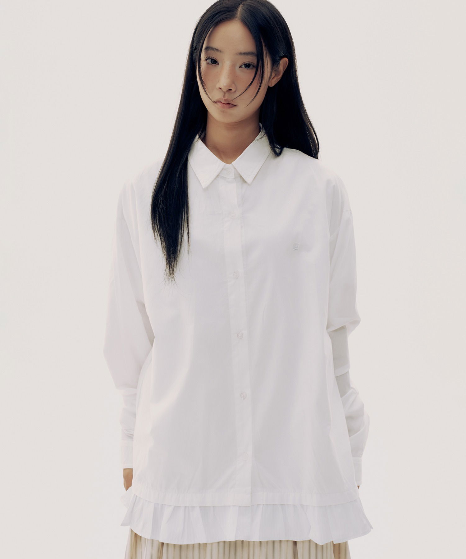 Cotton raglan pattern striped frill two-tone oversized shirt 衬衫