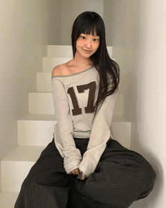 Elun Number Print One-Off Shoulder See-Through Long-Sleeve Knitwear