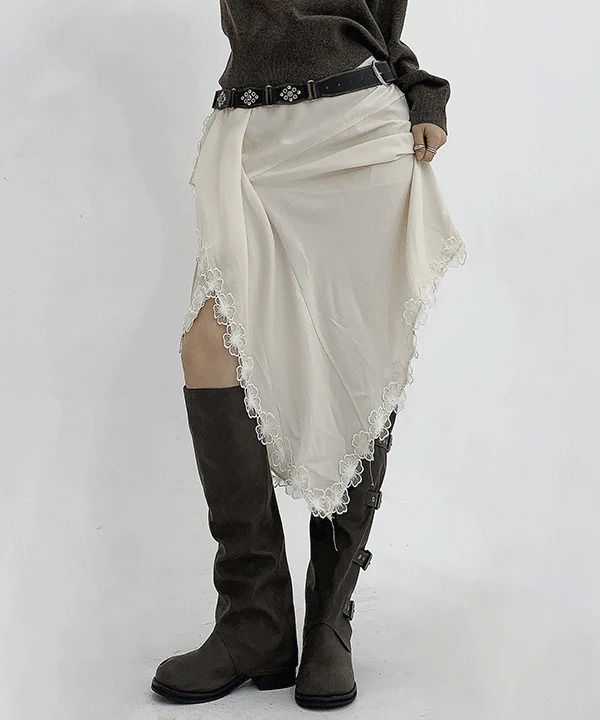 Off-the-shoulder team layered lace midi long skirt 裙子