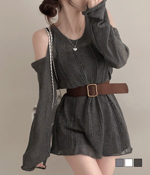 루닝 오프 숄더 벨트 여리핏 하프 펀칭 니트