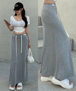 *Coke Bottle Body* Low-waist banding color-block strap mermaid maxi skirt training Spandex long skirt