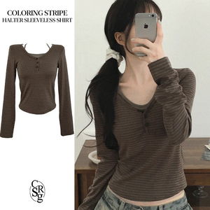 Long sleeve halter top with a contrasting Striped scheme and a loose fit