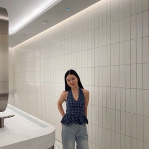 Loader Check Halter Ribbon Frill Bustier Linen Sleeveless Blouse