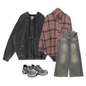 봄,デニムパンツ,ブラウス,데일리,셔츠,핑크 코디
