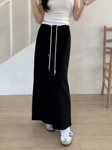 Obi Color Block Split String Back Slit Training Long Skirt (2 Colors)