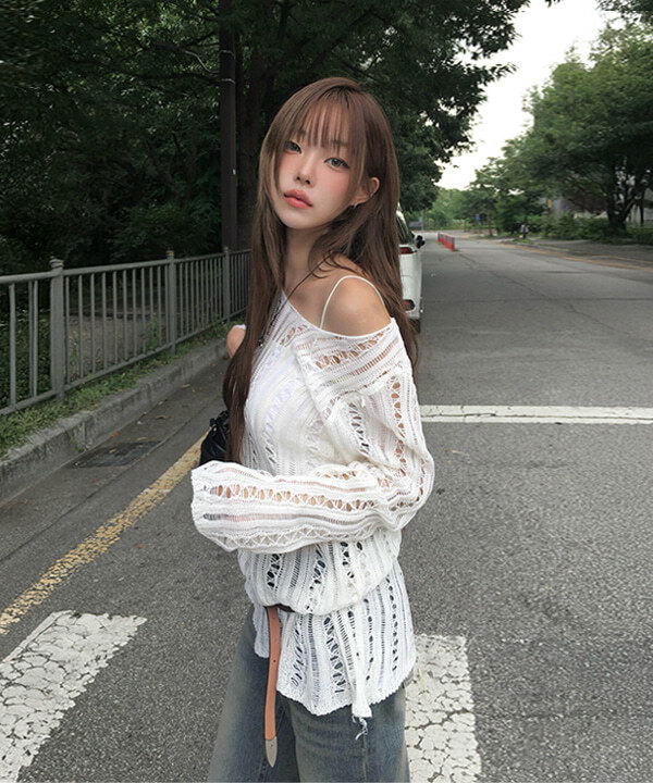 斜紋網狀單肩長版針織上衣