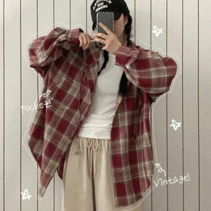 소레 체크 후드 오버핏 빈티지 버튼 남방