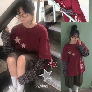 休閒寬鬆星星條紋分層長袖T恤