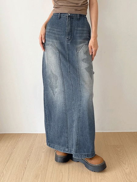 빅사이즈 S-2XL 데륜 카펜터 워싱 스크래치 데님 맥시 롱 스커트 청치마