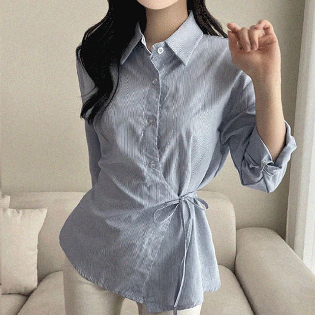 Attention Wrap Ribbon Stripe Long Sleeve Shirt Blouse (2 Colors) 雪紡襯衫