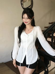 露肩雪紡透膚長袖上衣